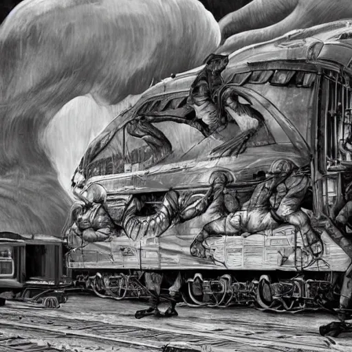 Image similar to human clones loaded onto a boxcar, biomechanical railroad, highly detailed, War Photography, Pushead art, by H.R. Giger