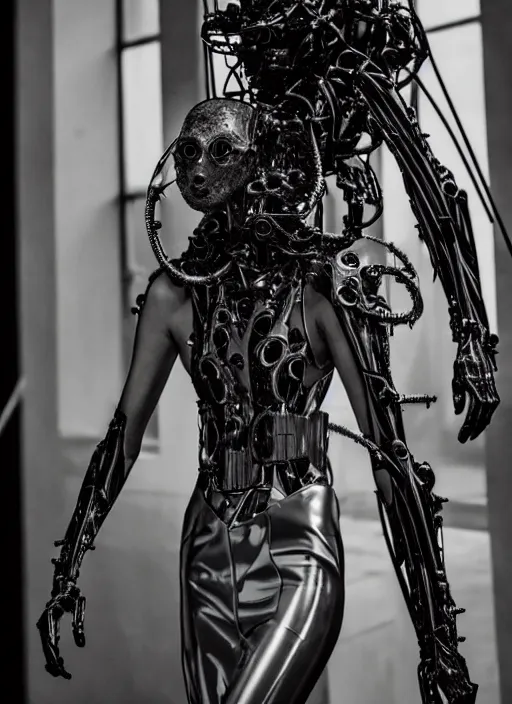 Image similar to walking down the catwalk, steven klein, show, stage, vogue photo, podium, fashion show photo, iris van herpen, beautiful woman, perfect body, full body shot, helmet on face, masterpiece, guyver, jellyfish, biomechanical details, movie still, fauvism, cinestill, bokeh, gelios lens