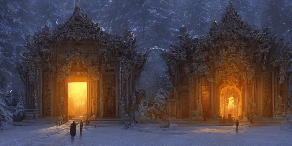 Prompt: hyperrealistic concept art of a silhouette of a hero facing massive ornately carved Buddhist temple door in lit winter taiga at night, stunning 3d render inspired art by Renato muccillo and Andreas Rocha and Johanna Rupprecht + symmetry + natural volumetric lighting, 8k octane beautifully detailed render, post-processing, highly detailed, intricate complexity, epic composition, magical atmosphere, cinematic lighting + masterpiece, trending on artstation