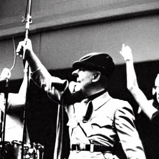 Prompt: A still of Hitler performing in a 1970s funk band, colour photography