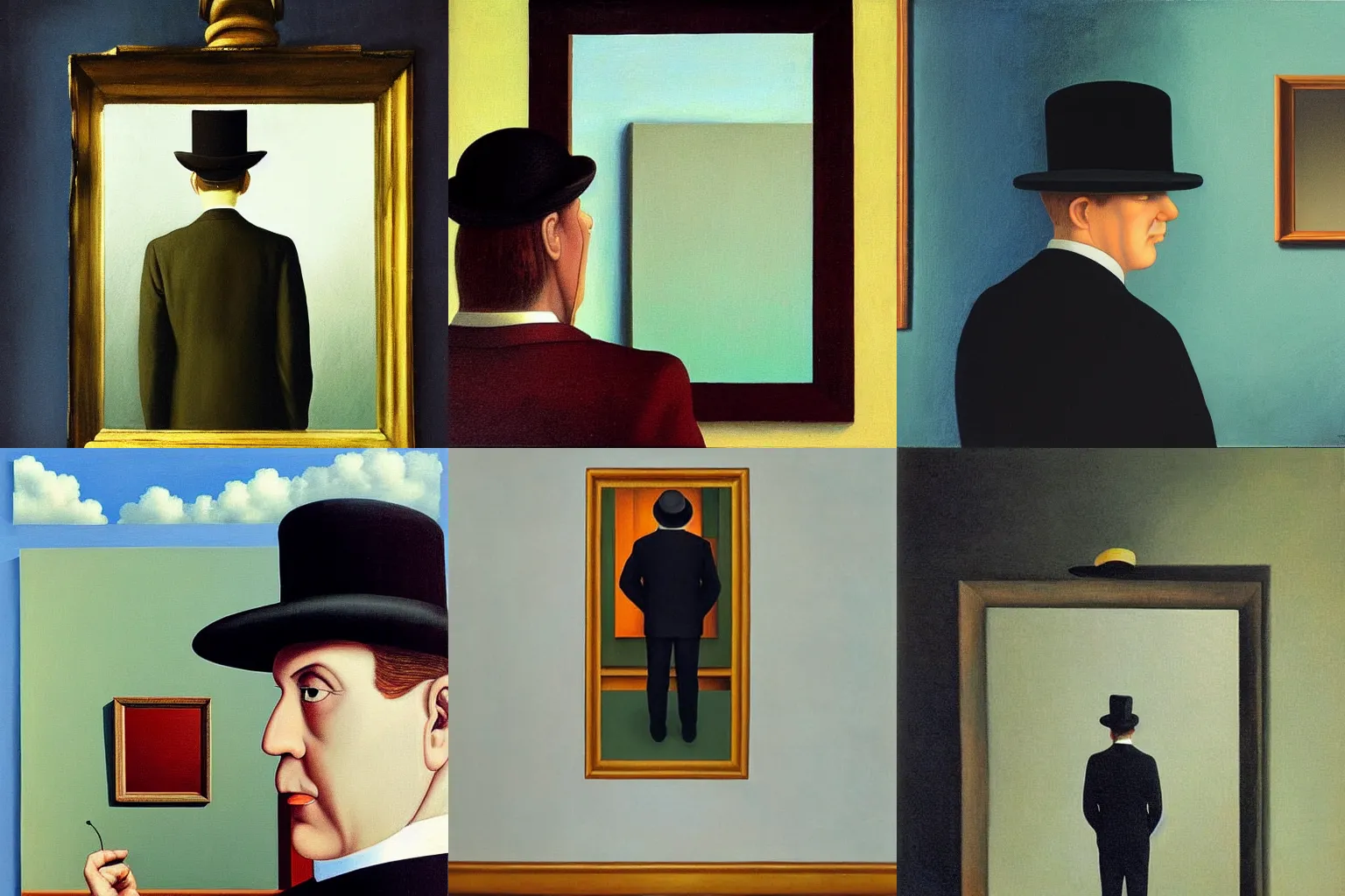 Prompt: “painting of apple in front of mirror and image of man wearing bowler hat looking out from mirror, by Magritte”