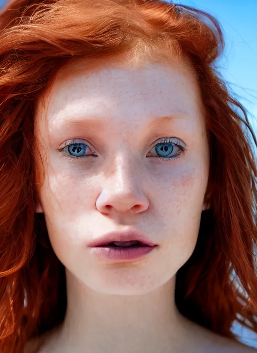 Image similar to close up portrait photograph of a thin young redhead woman with russian descent, sunbathed skin, with deep blue symmetrical!! eyes and Wavy long maroon colored hair who looks directly at the camera, with a Slightly open mouth, face takes up half of the photo. a park visible in the background. 55mm nikon. Intricate. Very detailed 8k texture. Sharp. Cinematic post-processing. Award winning portrait photography. Sharp eyes.