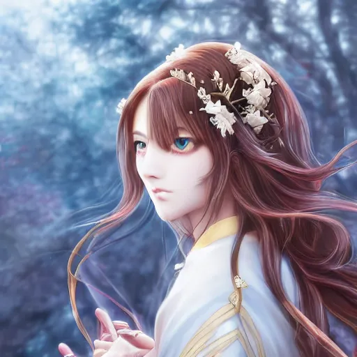 Image similar to a young beautiful prince, golden eyes, long black hair, white hanfu, elegant, intricate, backlit, incredible lighting, strong rim light, subsurface scattering, hyper realistic anime, beautiful landscape, cherry trees, highly detailed digital painting, by Heise Jinyao, Heise-Lian Yan Fang, Feimo, Rossdraws, Sakimichan HDRI, vivid colors, high contrast, unreal engine, cgsociety, octane render, trending on artstation, 8k