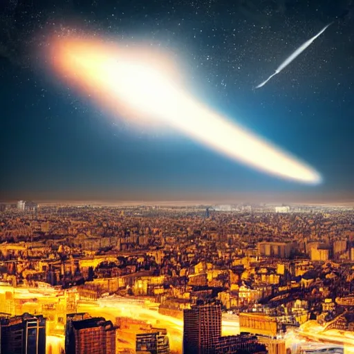 Image similar to a big meteor falling from the sky. city background, hyperrealistic, highly detailed, variable lighting, dramatic