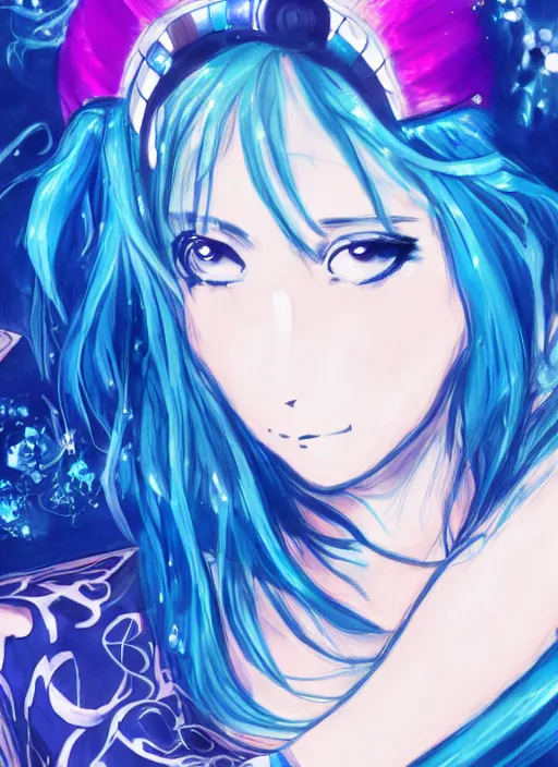 Prompt: a woman with blue hair sitting underwater, a beautiful anime drawing by yuumei, featured on pixiv, rayonism, pixiv, seapunk, very anime anime!! detailed