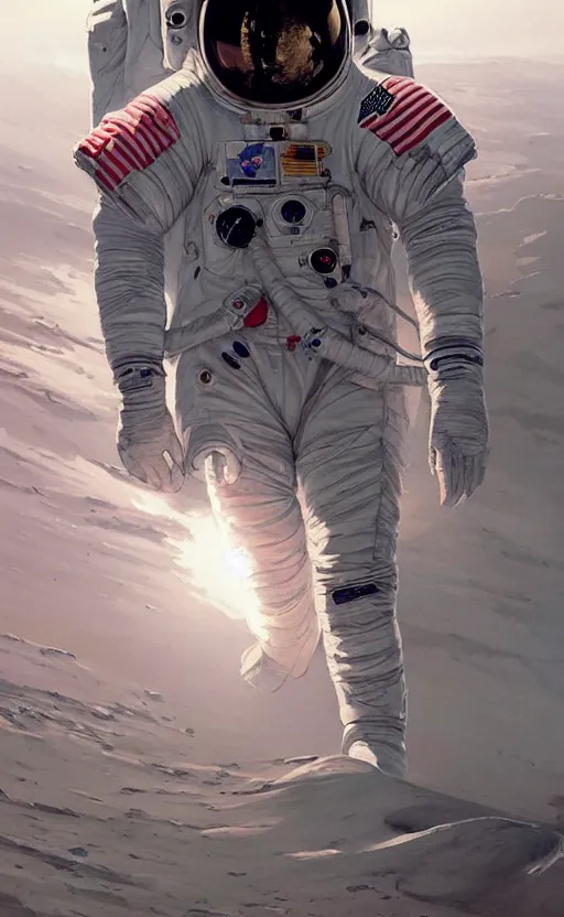 Image similar to a beautiful artwork portrait of an astronaut on the moon, by greg rutkowski and jesper ejsing and raymond swanland, featured on artstation, wide angle, vertical orientation