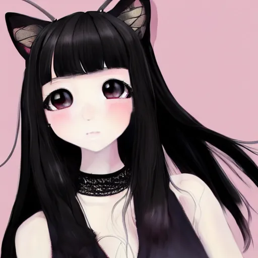 Image similar to realistic beautiful gorgeous buxom natural cute blushed shy girl Blackpink Lalisa Manoban black hair fur black cat ears, wearing white camisole, headphones, black leather choker artwork drawn full HD 4K highest quality in artstyle by professional artists WLOP, Taejune Kim, Guweiz, Aztodio on Pixiv Instagram Artstation