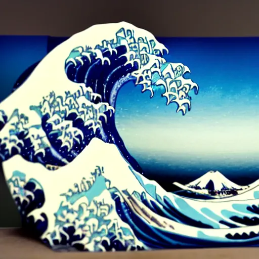 Image similar to great wave off kanagawa, in claymation style