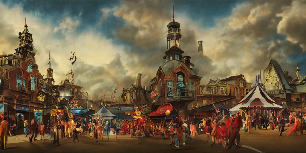 Image similar to a matte painting of an evil haunted carnival with a dramatic sky by rodney mathews