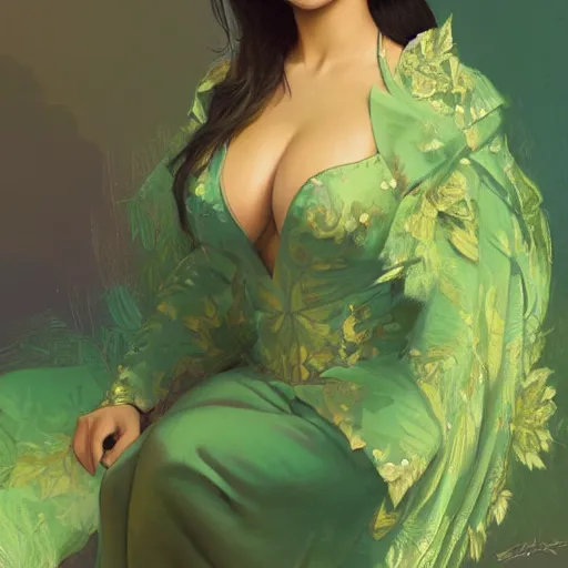 Prompt: demi rose wearing a green kebaya, digital painting, artstation, concept art, sharp focus, illustration, art by artgerm and greg rutkowski and alphonse mucha