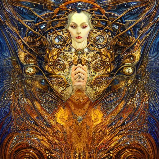 Image similar to Divine Chaos Engine by Karol Bak, Jean Deville, Gustav Klimt, and Vincent Van Gogh, celestial, visionary, sacred, fractal structures, ornate realistic gilded medieval icon, spirals