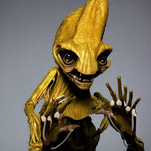 Image similar to a humanoid alien with leathery gray skin, a wiry build, lanky arms, claws, four-fingered hands, two sleek horns, a long snout, yellow eyes, and fangs