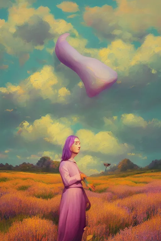 Image similar to portrait, giant lilac flower as head, girl in heather field, surreal photography, golden hour, colorful clouds, impressionist painting, digital painting, artstation, simon stalenhag