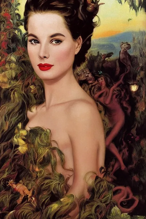 Image similar to a young and extremely beautiful grace kelly infected by night by dali in the style of a modern gaston bussiere, art nouveau, art deco, surrealism. anatomically correct. extremely lush detail. melancholic scene infected by night. perfect composition and lighting. sharp focus. high - contrast lush surrealistic photorealism. sultry and mischievous expression on her face.