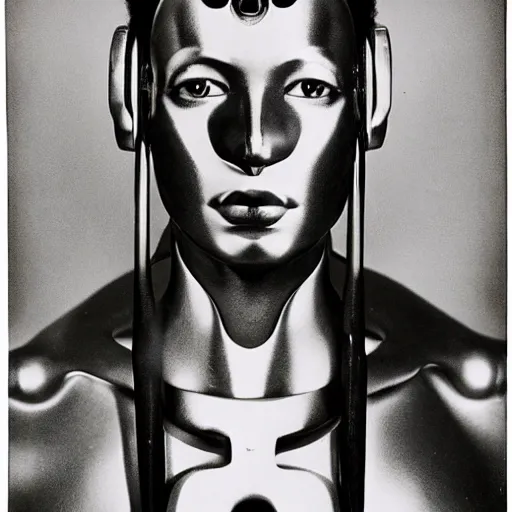 Image similar to A Nubian cyborg, portrait, by Nam June Paik, Man Ray, Richard Avedon