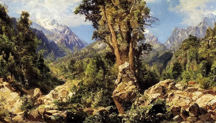 Image similar to a beautiful mountain valley by eugene von guerard, ivan shishkin, john singer sargent