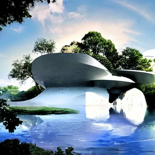 Image similar to a futuristic modern house, on a floating rock island, alien planet covered in water, multiple waterfalls, multiple moons glowing, stars, frank gehry