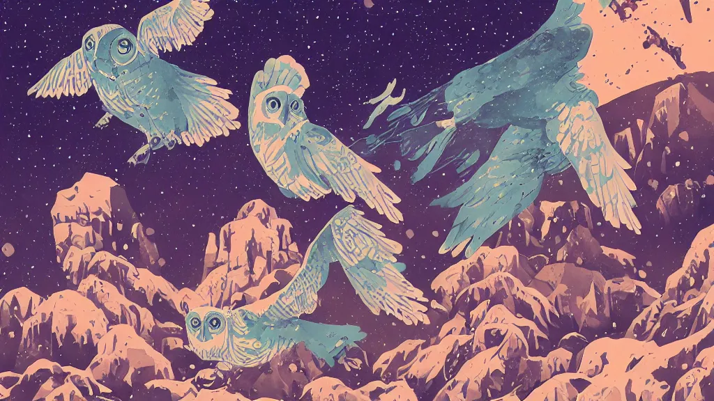 Prompt: very detailed, ilya kuvshinov, mcbess, rutkowski, watercolor papercraft illustration of owls flying at night, colorful, deep shadows, astrophotography, highly detailed, wide shot