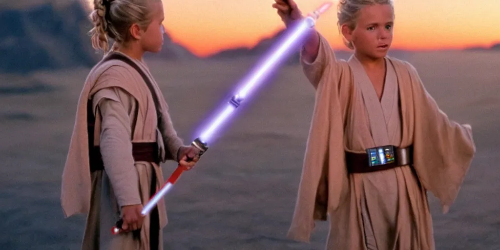 Prompt: !dream A full color still of a young blonde Jedi padawan holding a lightsaber hilt, at dusk!!!, at golden hour!!!, from The Phantom Menace, directed by Steven Spielberg, 1990