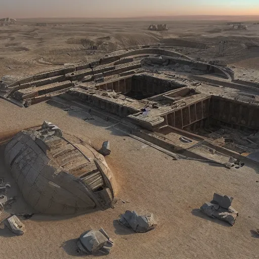 Image similar to archeological dig reveals wrecked alien spacecraft in egypt, pyramids in background, artstation