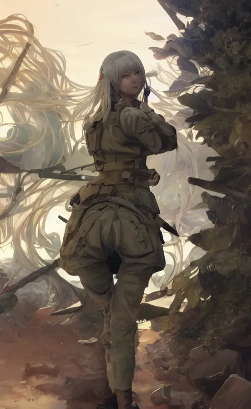 Image similar to panoramic view, a blonde girl, soldier clothing, battlefield in background, anime style, hair down, symmetrical facial features, realistic hands, from arknights, hyper realistic, 4 k, extreme detail, d & d, trending artstation, safebooru, realistic lighting, by alphonse mucha, greg rutkowski, sharp focus