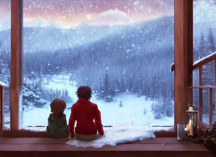 Prompt: a boy and a girl with long flowing auburn hair sitting together on the porch of a cabin on a mountain overlooking a snowy landscape. Atmospheric lighting, long shot, romantic, boy and girl are the focus, cold lighting, snowy. Anime. By Makoto Shinkai, Stanley Artgerm Lau, WLOP, Rossdraws, James Jean, Andrei Riabovitchev, Marc Simonetti, krenz cushart, Sakimichan, D&D trending on ArtStation, digital art.