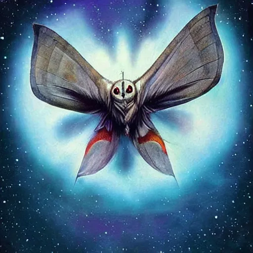 Image similar to Mothra flying in the night sky, magical, astrophotography