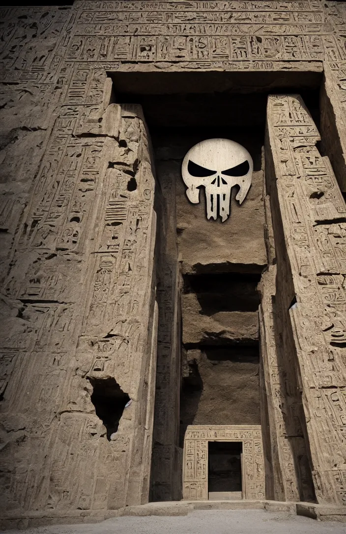 Prompt: punisher symbol is giant arching entrance and pillars in the form of the punisher icon forming entrance into ancient egyptian temple with luminous smoke and light rays.