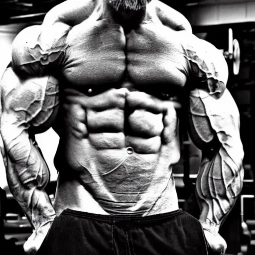 Prompt: Walter White is a jacked muscle builder gigachad, grayscale photography