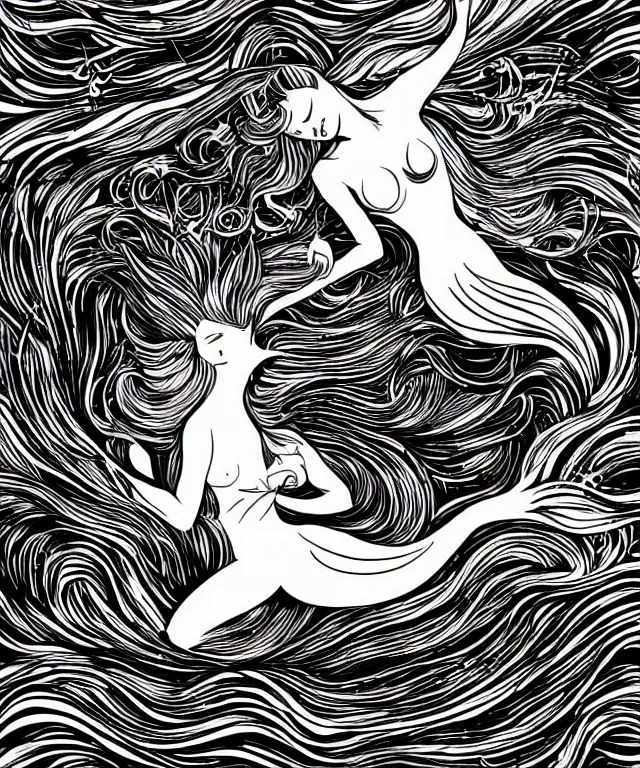 Prompt: black and white illustration, creative design, beautiful mermaid, full body, swimming in ocean