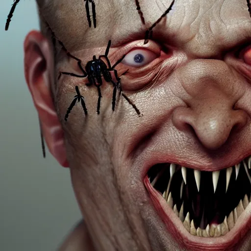 Image similar to man terrified as spiders and centipedes crawl out of his eyes and mouth, ultra realistic, horror, hyper detailed, sharp focus, ray tracing, terrifying, horrifying, octane render