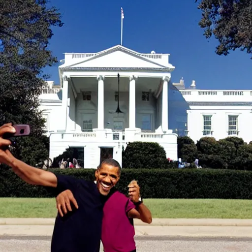 Prompt: selfie of Barak Obama and Abraham Lincoln in front of The White House