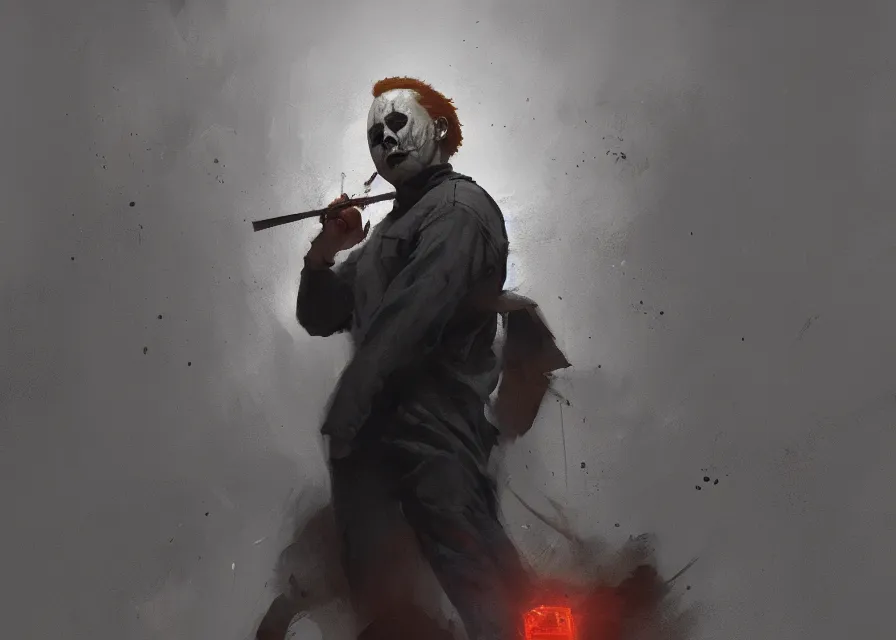 Image similar to painting of Michael Myers dabbing, sharp focus, trending on ArtStation, masterpiece, by Greg Rutkowski, by Ross Tran, by Fenghua Zhong, octane, soft render, oil on canvas, moody lighting, cinematic, professional environment concept art