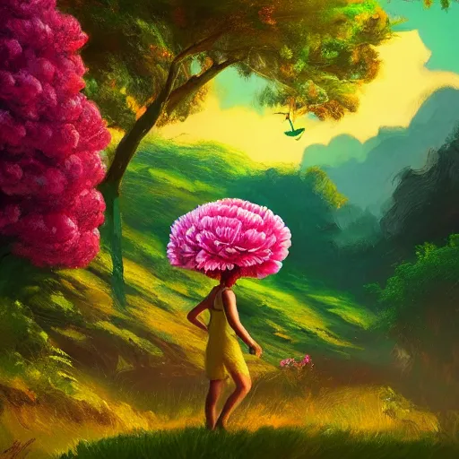 Image similar to giant carnation flower as a head, girl hiking in a lush valley, surreal photography, sunrise, dramatic light, impressionist painting, colorful clouds, digital painting, artstation, simon stalenhag