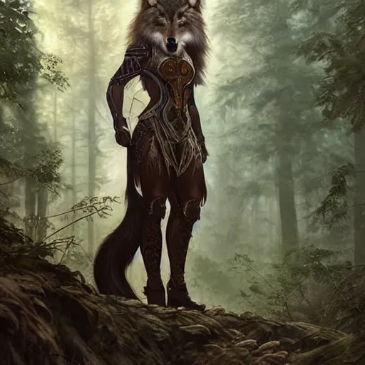 Image similar to long shot photo of a humanoid female she - wolf with wolf head were a heroic dress an armour in the forest, long hair, highly detailed, digital painting, artstation, smooth, sharp focus, illustration, art by artgerm and greg rutkowski and alphonse mucha