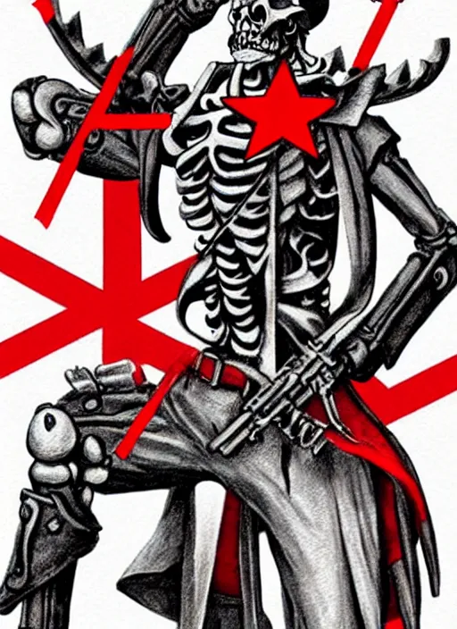 Image similar to shin megami tensei art of a demon that is a skeleton soviet!! soldier!! from 1 9 2 0 s wearing a budenovka!!! with a red star!!, art by kazuma kaneko, demonic! compedium!, law aligned, digital drawing, white background, very high quality, very highly detailed