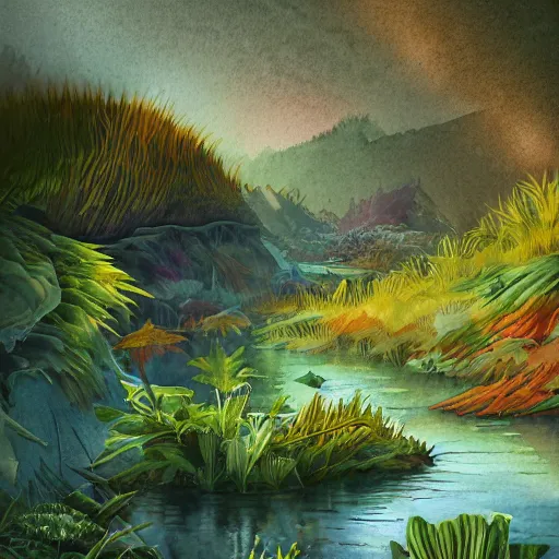 Image similar to beautiful detailed watercolor of a lush natural scene on a colourful alien planet by vincent bons. ultra sharp high quality digital render. detailed. beautiful landscape. weird vegetation. water. soft colour scheme. grainy.