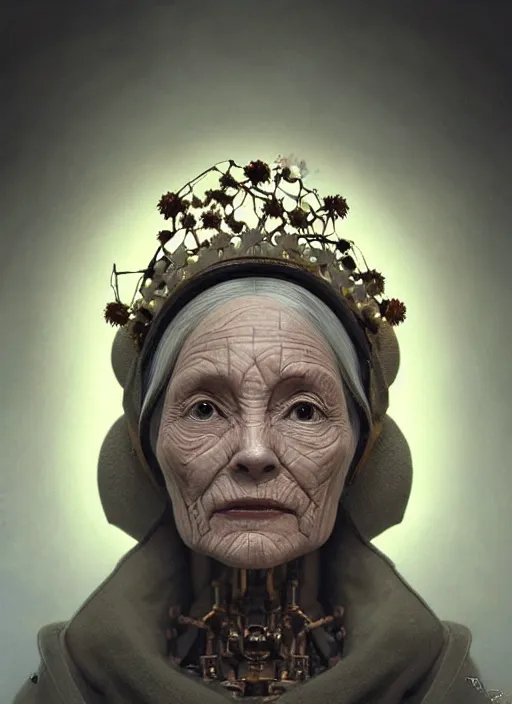 Image similar to portrait of a old female robot grandmother, intricate, dystopian toy, sci-fi, simple crown of little flowers, extremely detailed, digital painting, sculpted in zbrush, artstation, concept art, smooth, sharp focus, illustration, chiaroscuro lighting, golden ratio, incredible art by artgerm and greg rutkowski and alphonse mucha and simon stalenhag