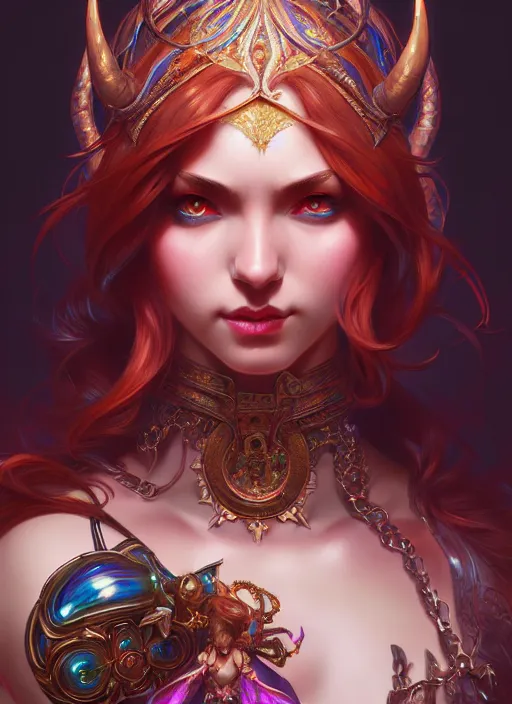 Image similar to hyper detailed ultra sharp of a beautiful devil girl. trending on artstation, dungeon, colorful, ornate, intricate, digital painting, concept art, smooth, sharp focus, illustration, art by artgerm and greg rutkowski and alphonse mucha, 8 k