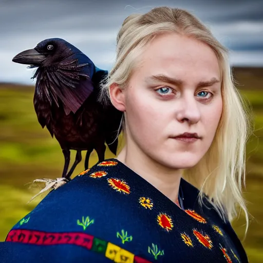 Image similar to symmetry!! portrait photograph of an extremely beautiful!!!! young blonde scandinavian woman with symmetric face. with a very detailed raven!!! on her shoulder. wearing traditional greenlandic national colorful costume or kalaallisuut. in iceland. petzval lens. shallow depth of field. on flickr, art photography,