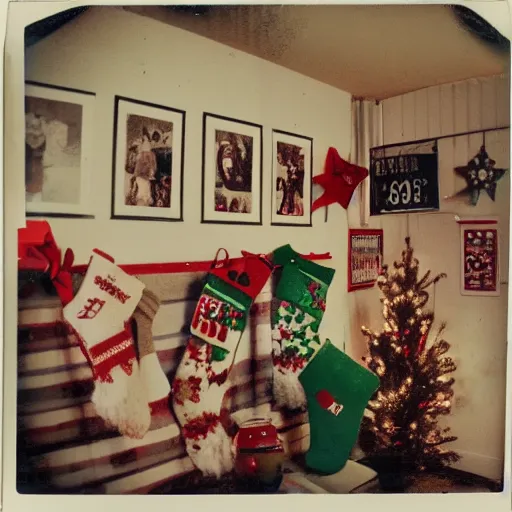 Image similar to polaroid photograph of christmas themed basement