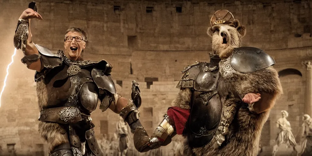 Image similar to Bill Gates dressed as a roman gladiator in front of an angry bear in the Colosseum. Film scene. Dramatic lightning. 4k.