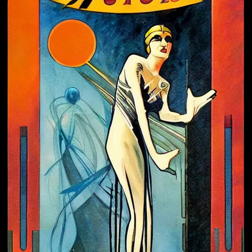 Prompt: Art Nouveau pulp sci fi magazine painting with no text, a woman wearing a 1920s space costume designed by HR Giger