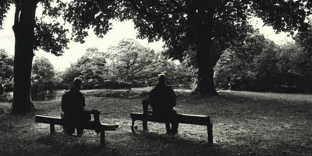 Prompt: a film still of a man sitting on a bench in a park, evil moody lighting, wide shot, hundreds of tentacles are rising out of the ground in the distance, found footage, film grain, chromatic aberration