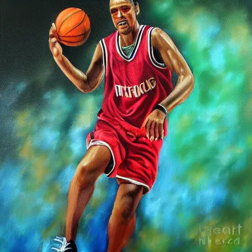 Prompt: ronaldinho playing basketball oil painting