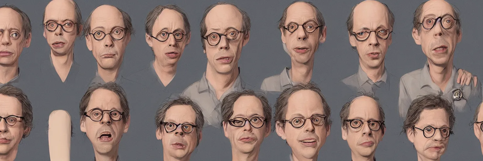 Prompt: character study of todd solondz and steve buscemi and charlie kaufman, 2 0 2 2, clear faces, emotional, character sheet, fine details, concept design, contrast, kim jung gi, pixar and da vinci, trending on artstation, 8 k, full body and head, turnaround, front view, back view, ultra wide angle