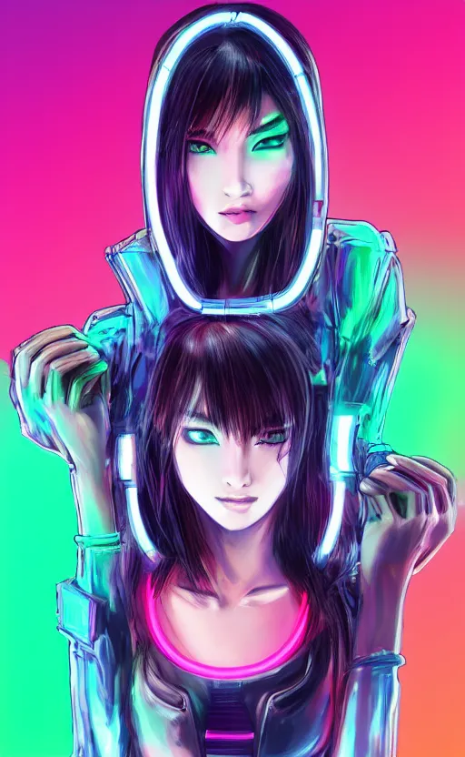 Image similar to a cyberpunk girl wearing neon hoodie, chrome, neon light, japan, perfect face, high detailed, realistic, preatty face, asian, long hair, cyberpunk, geisha, arcane style, 3 d mix with 2 d