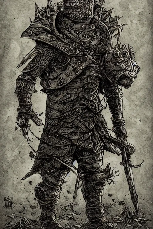 Image similar to toad gobling, wearing armour, swamp, symmetrical, highly detailed, digital art, sharp focus, trending on art station, kentaro miura manga art style