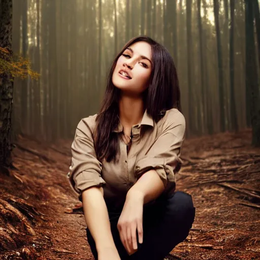 Image similar to real life photo of a hot beautiful girl, full body photoshoot, long brown hair, brown eyes, full round face, short smile, belly free, long sleeved belly free brown shirt, forest setting, cinematic lightning, medium shot, mid - shot, highly detailed, trending on artstation, unreal engine 4 k, 8 0 mm, 8 5 mm, cinematic wallpaper