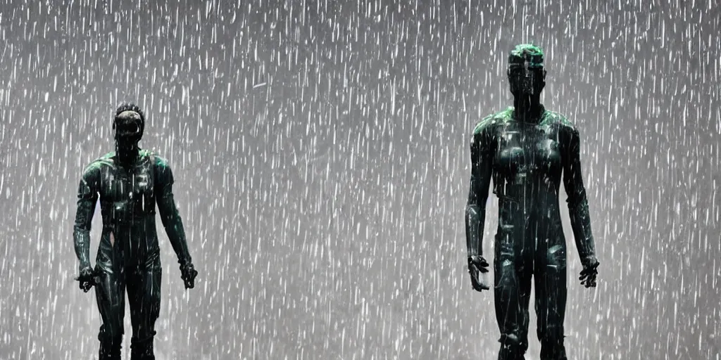 Image similar to cyberpunk statue, rain, space